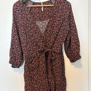 Free People Black Clara Floral Tie-Front Pocket Tunic Boho Dress